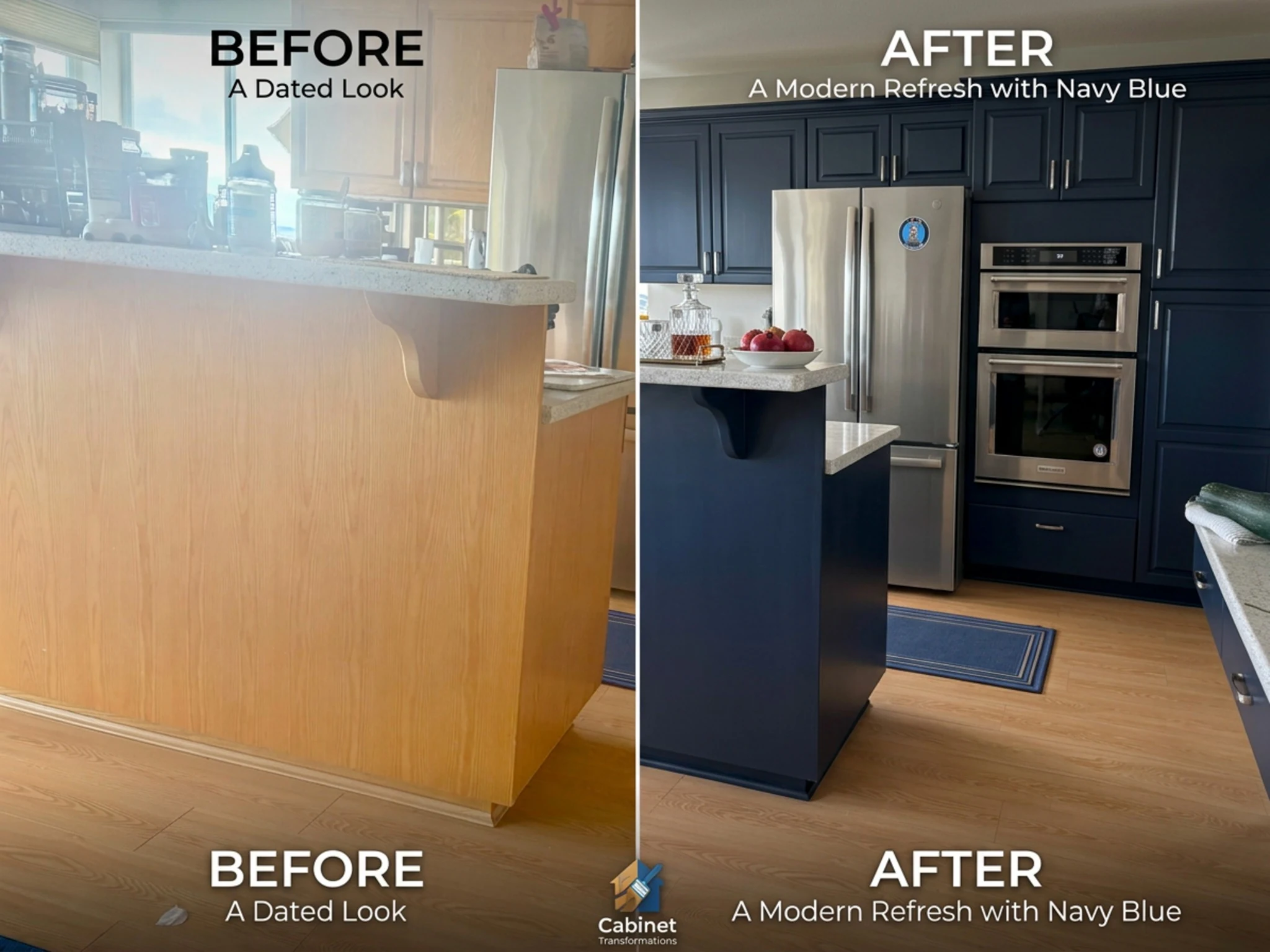 Kitchen cabinet refinishing before-and-after with a modern navy finish.