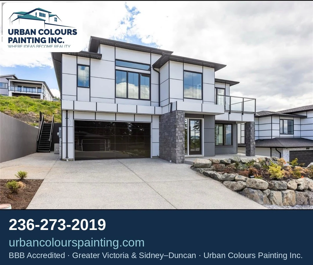 Completed modern home exterior with coordinated siding and trim finishes.