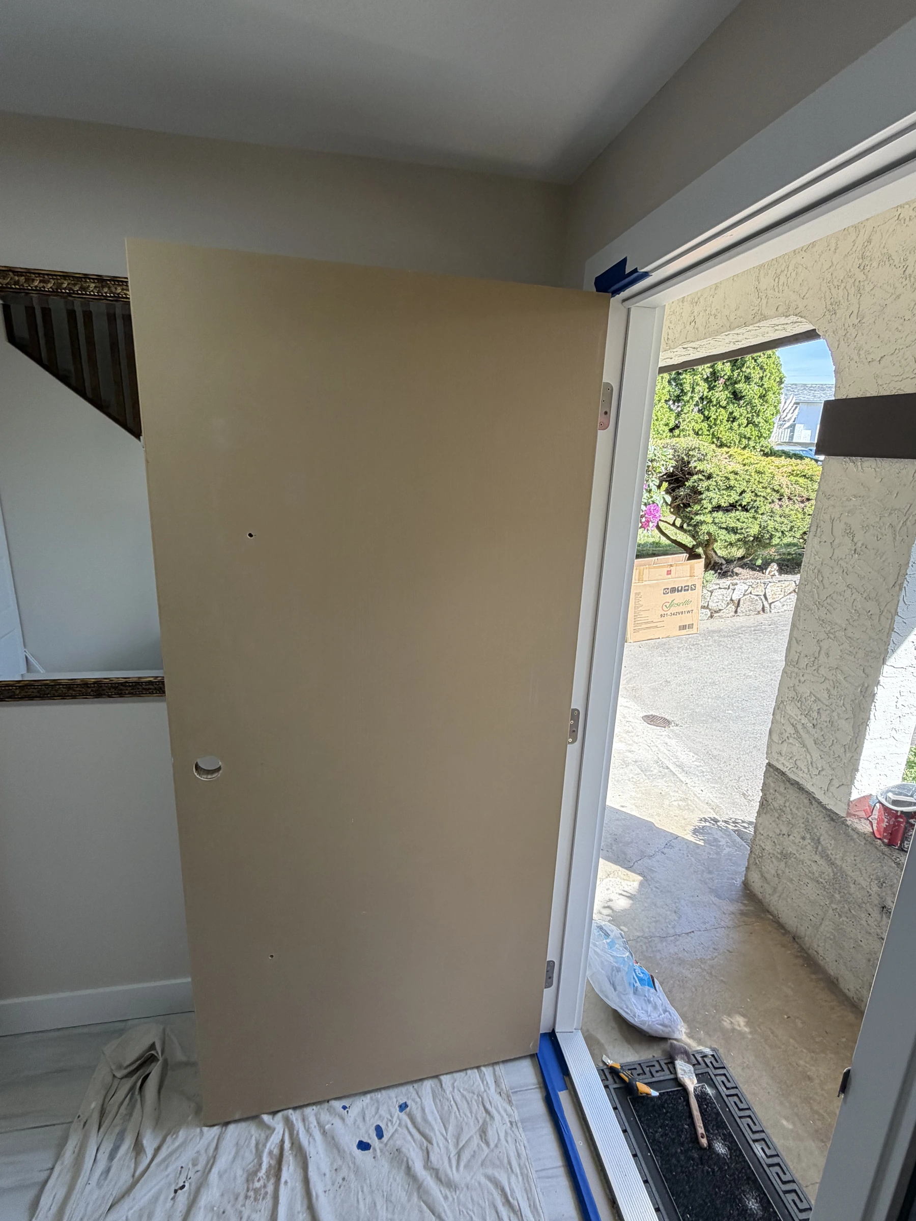 Detailed painted exterior door and trim finish